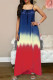 Blue Red Fashion Sexy Print Backless Spaghetti Strap Long Dress