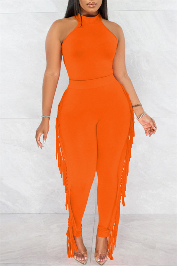 Orange Fashion Casual Solid Tassel Patchwork O Neck Sleeveless Two Pieces