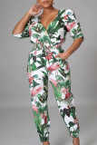 Green Fashion Casual Print Patchwork V Neck Regular Jumpsuits