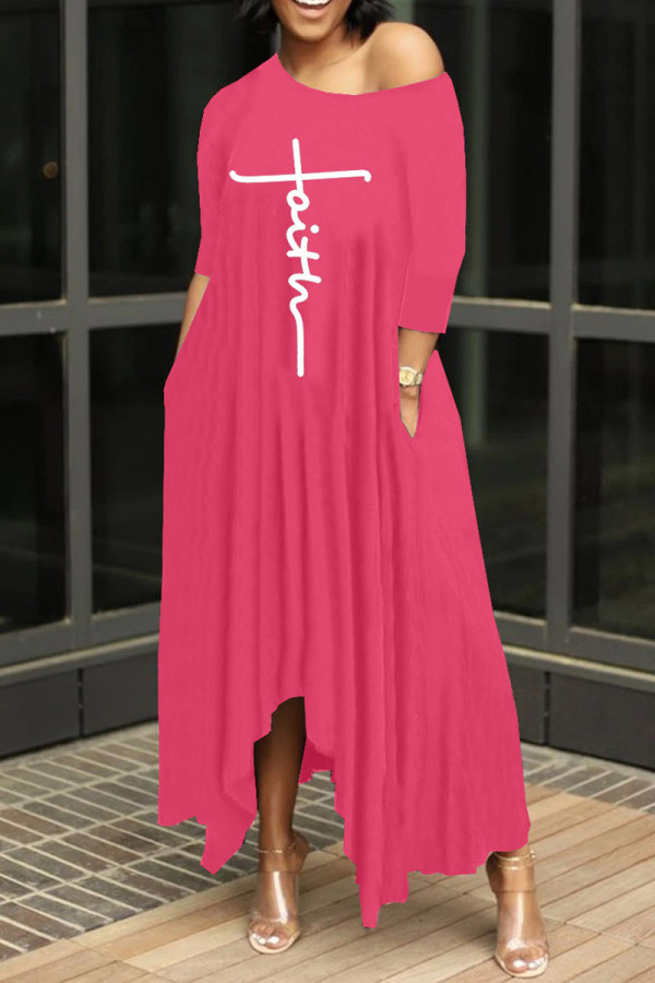 Rose Red Fashion Casual Print Basic Oblique Collar Irregular Dress