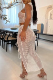 White Fashion Sexy Solid Bandage Hollowed Out See-through Half A Turtleneck Sleeveless Two Pieces