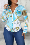 Black Fashion Print Patchwork Turndown Collar Tops