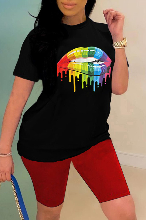 Red Fashion Casual Lips Printed Basic O Neck Short Sleeve Two Pieces