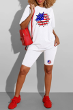 Red Casual Print American Flag Patchwork O Neck Short Sleeve Two Pieces