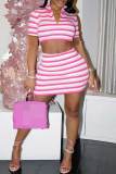 Red Sexy Striped Print Patchwork Zipper Collar Short Sleeve Two Pieces