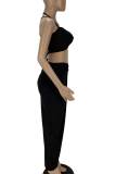 Black Sexy Solid Patchwork Backless Spaghetti Strap Sleeveless Two Pieces