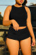 Black Fashion Casual Solid Draw String Frenulum O Neck Sleeveless Two Pieces