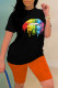 Orange Fashion Casual Lips Printed Basic O Neck Short Sleeve Two Pieces