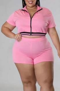 Pink Casual Solid Patchwork Zipper Plus Size Two Pieces