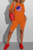 Red Casual Print American Flag Patchwork O Neck Short Sleeve Two Pieces