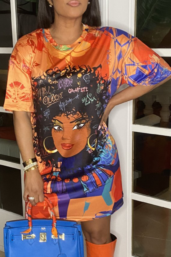 Tangerine Red Casual Print Patchwork O Neck Straight Dresses