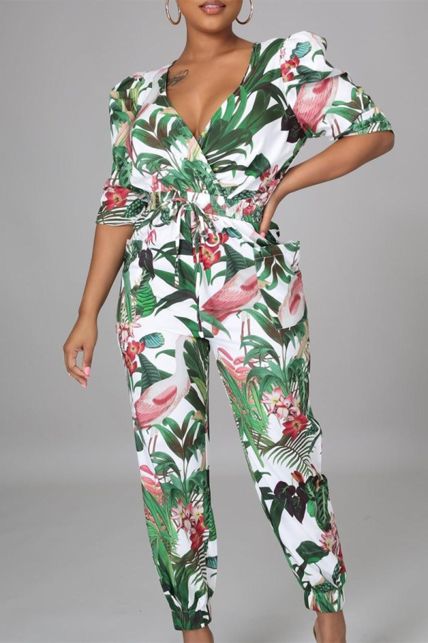 Green Fashion Casual Print Patchwork V Neck Regular Jumpsuits