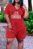 Red Casual Print Patchwork V Neck Straight Rompers