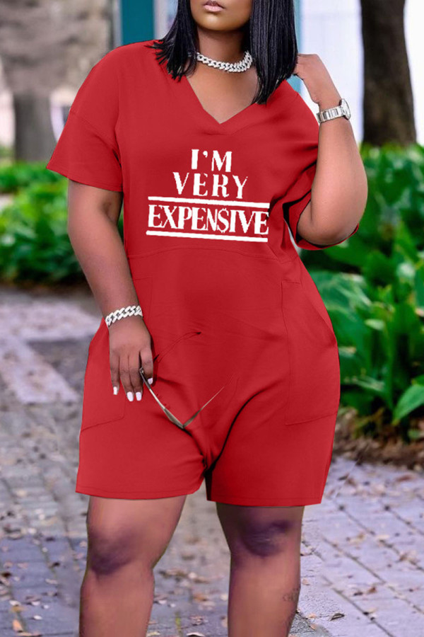 Red Casual Print Patchwork V Neck Straight Rompers