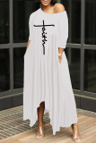 Pink Fashion Casual Print Basic Oblique Collar Irregular Dress