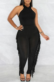 Black Fashion Casual Solid Tassel Patchwork O Neck Sleeveless Two Pieces