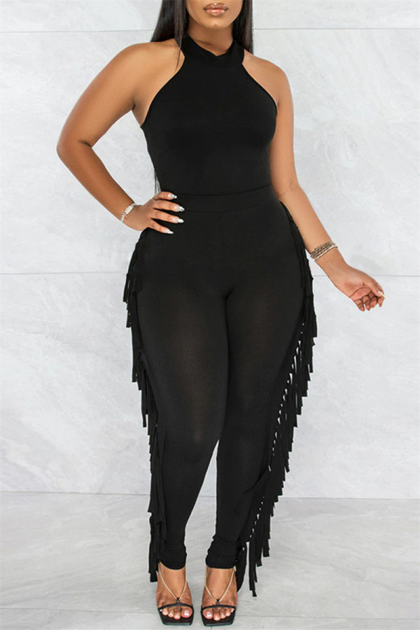 Black Fashion Casual Solid Tassel Patchwork O Neck Sleeveless Two Pieces