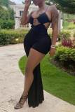 Rose Red Sexy Solid Hollowed Out Patchwork Asymmetrical Spaghetti Strap Straight Jumpsuits