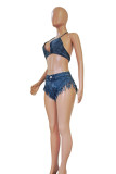 Blue Fashion Sexy Solid Bandage Backless Halter Sleeveless Two Pieces