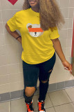 Yellow Fashion Casual Print Basic O Neck T-Shirts
