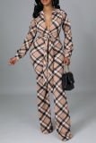 Khaki Fashion Plaid Patchwork Turndown Collar Boot Cut Jumpsuits