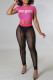 Rose Red Fashion Sexy Letter Solid Patchwork See-through O Neck Short Sleeve Two Pieces