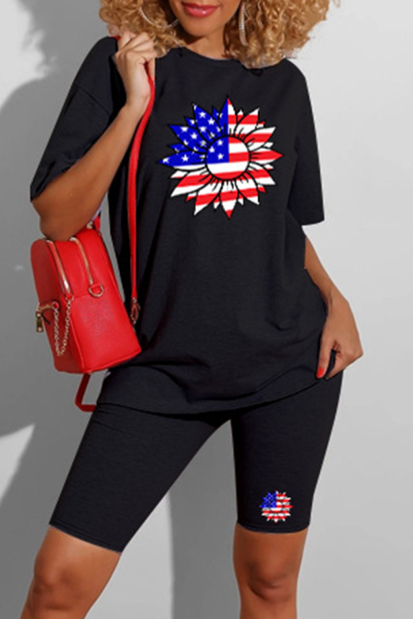 Black Casual Print American Flag Patchwork O Neck Short Sleeve Two Pieces