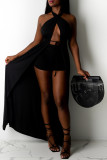 Black Fashion Sexy Solid Backless Halter Sleeveless Two Pieces