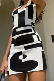 Black Sexy Print Patchwork V Neck Pencil Skirt Dresses