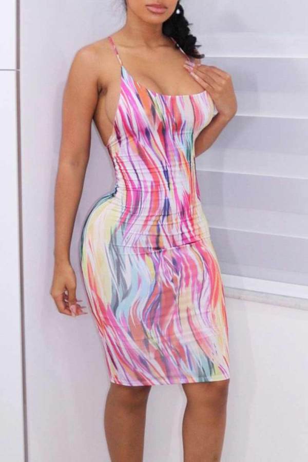 Colour Sexy Print Patchwork Spaghetti Strap One Step Skirt Dresses