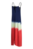 Blue Yellow Fashion Sexy Print Backless Spaghetti Strap Long Dress
