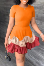 Orange Casual Elegant Solid Patchwork Fold O Neck A Line Dresses