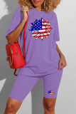 Red Casual Print American Flag Patchwork O Neck Short Sleeve Two Pieces