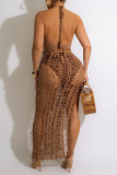 Khaki Sexy Solid Hollowed Out Patchwork Swimwears Cover Up