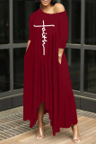 Pink Fashion Casual Print Basic Oblique Collar Irregular Dress