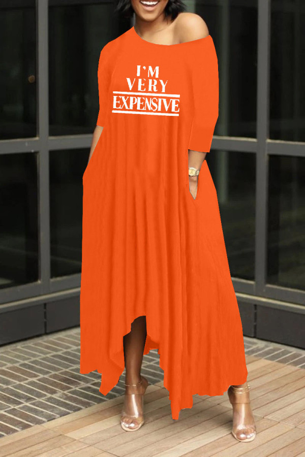 Tangerine Red Casual Print Patchwork Asymmetrical Oblique Collar Irregular Dress Dresses