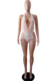 White Fashion Sexy Solid Hollowed Out Backless Swimwears (Without Paddings)