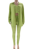 Green Casual Solid Patchwork Buckle Turndown Collar Long Sleeve Three Pieces