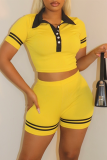 Yellow Fashion Casual Solid Patchwork Turndown Collar Short Sleeve Two Pieces