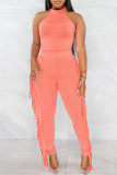 Pink Fashion Casual Solid Tassel Patchwork O Neck Sleeveless Two Pieces