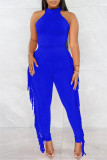 Blue Fashion Casual Solid Tassel Patchwork O Neck Sleeveless Two Pieces