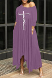 Pink Fashion Casual Print Basic Oblique Collar Irregular Dress