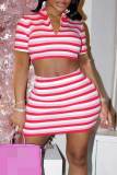 Red Sexy Striped Print Patchwork Zipper Collar Short Sleeve Two Pieces