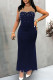 Tibetan Blue Fashion Sexy Patchwork See-through Beading O Neck Evening Dress