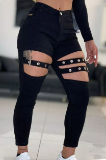 Black Fashion Casual Solid Hollowed Out Patchwork Skinny High Waist Pencil Solid Color Bottoms