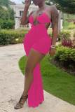 Rose Red Sexy Solid Hollowed Out Patchwork Asymmetrical Spaghetti Strap Straight Jumpsuits