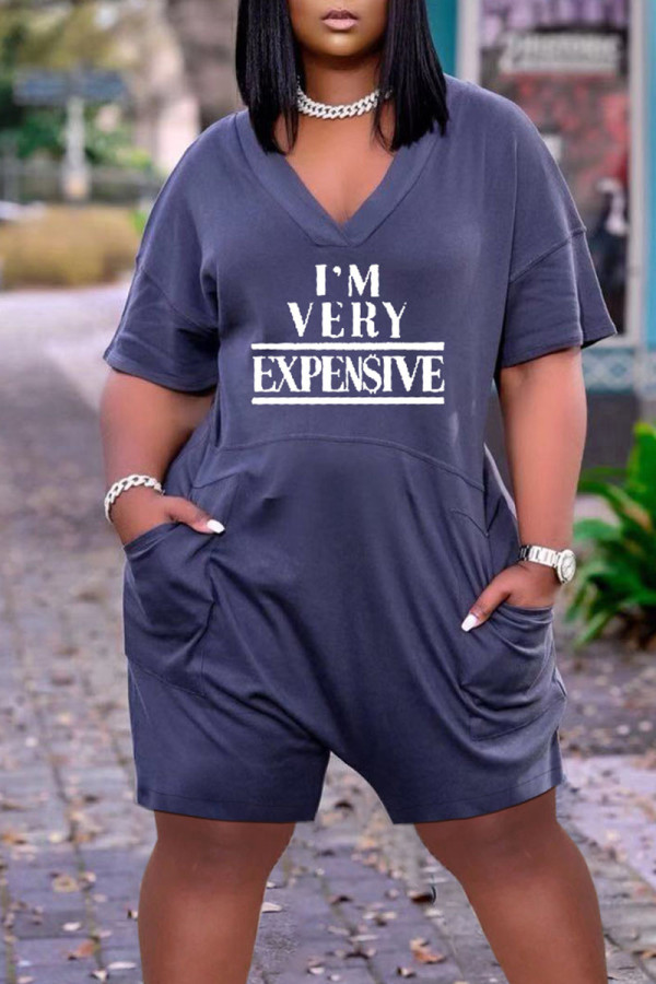 Blue Casual Print Patchwork V Neck Straight Rompers