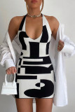 Black Sexy Print Patchwork V Neck Pencil Skirt Dresses
