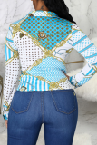 Black Fashion Print Patchwork Turndown Collar Tops