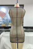 Black Silver Fashion Sexy Solid Hollowed Out See-through O Neck Sleeveless Dress